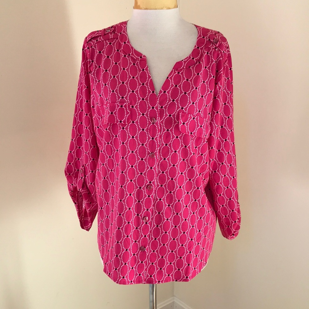 New! Adrienne Vittadini XL Pink Geometric Women's tab sleeve Top.